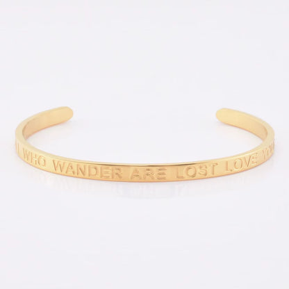 High Quality Engraved Words Logo Gold Plated Woman Mens Custom Logo Stainless Steel Bracelet Gold Cuff Bangle - MCROONS.COM
