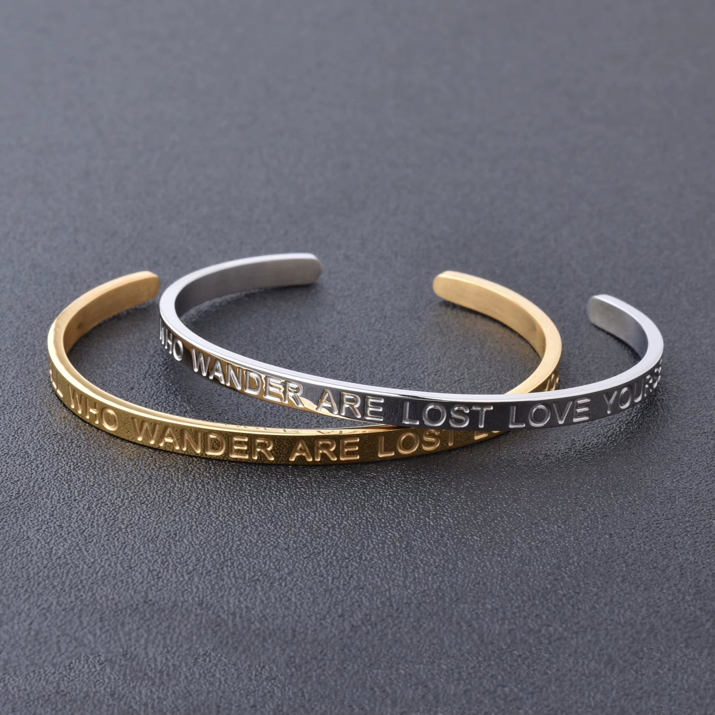 High Quality Engraved Words Logo Gold Plated Woman Mens Custom Logo Stainless Steel Bracelet Gold Cuff Bangle - MCROONS.COM