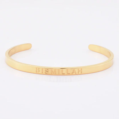 High Quality Engraved Words Logo Gold Plated Woman Mens Custom Logo Stainless Steel Bracelet Gold Cuff Bangle - MCROONS.COM
