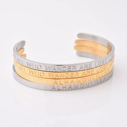 High Quality Engraved Words Logo Gold Plated Woman Mens Custom Logo Stainless Steel Bracelet Gold Cuff Bangle - MCROONS.COM