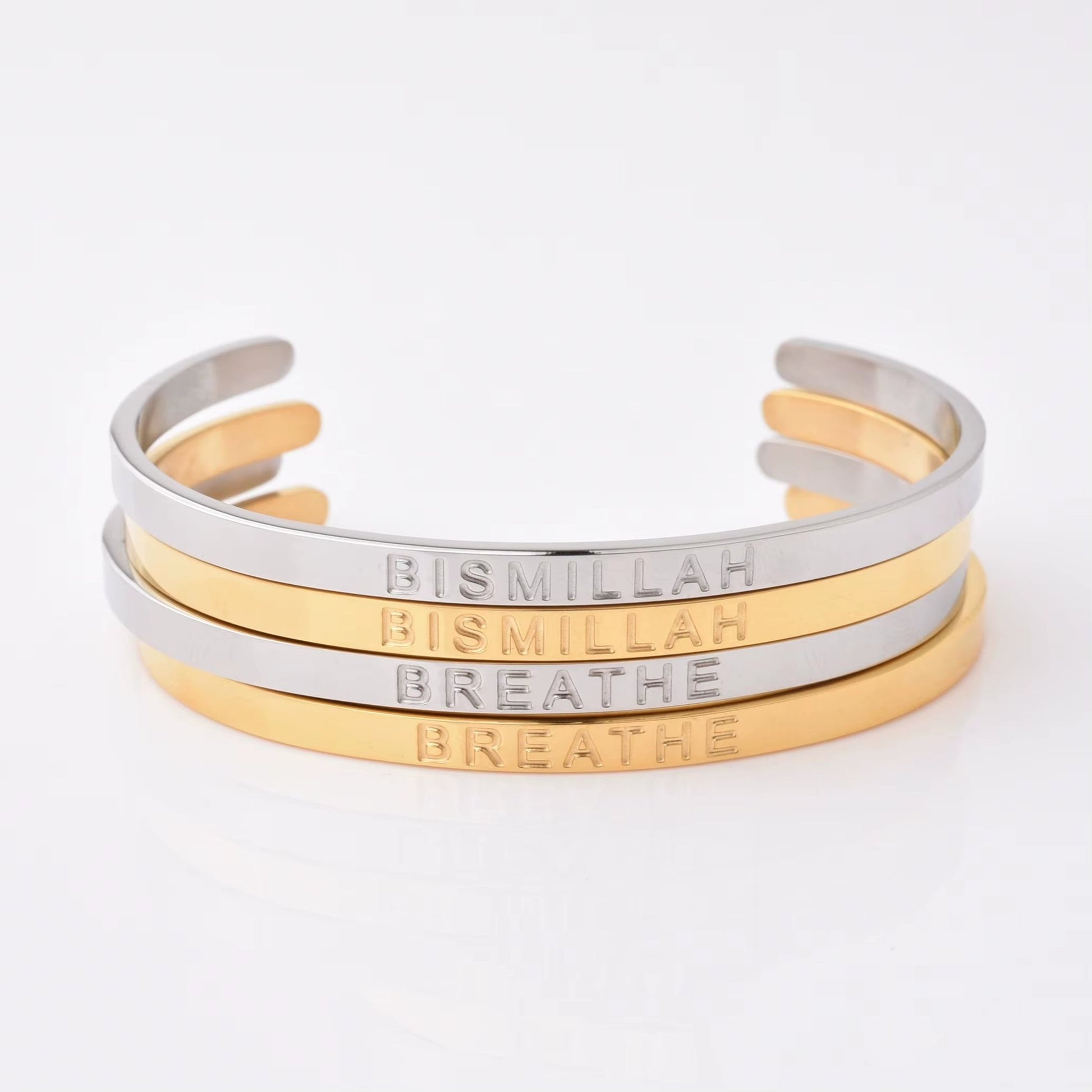 High Quality Engraved Words Logo Gold Plated Woman Mens Custom Logo Stainless Steel Bracelet Gold Cuff Bangle - MCROONS.COM