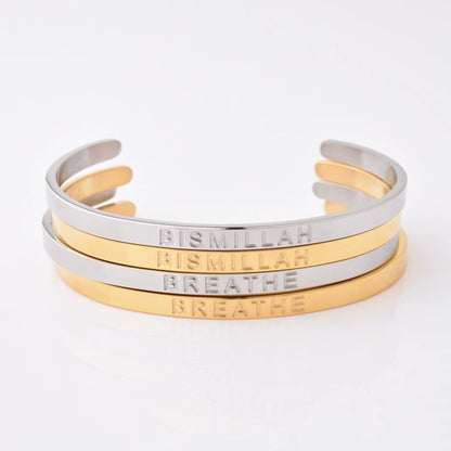 High Quality Engraved Words Logo Gold Plated Woman Mens Custom Logo Stainless Steel Bracelet Gold Cuff Bangle - MCROONS.COM