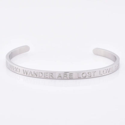 High Quality Engraved Words Logo Gold Plated Woman Mens Custom Logo Stainless Steel Bracelet Gold Cuff Bangle - MCROONS.COM