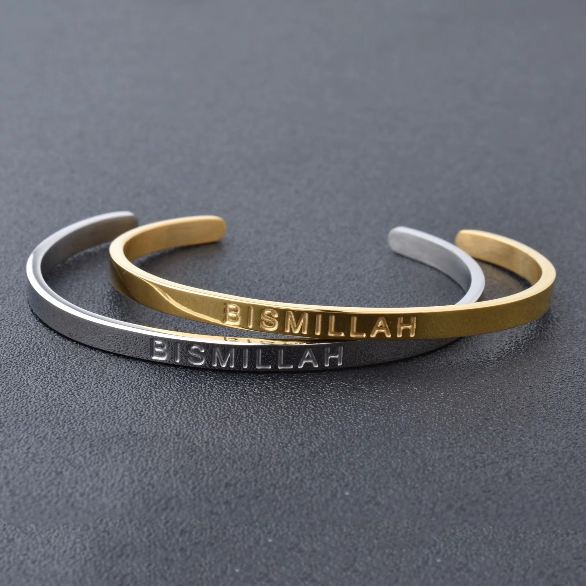 High Quality Engraved Words Logo Gold Plated Woman Mens Custom Logo Stainless Steel Bracelet Gold Cuff Bangle - MCROONS.COM