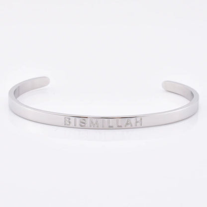 High Quality Engraved Words Logo Gold Plated Woman Mens Custom Logo Stainless Steel Bracelet Gold Cuff Bangle - MCROONS.COM