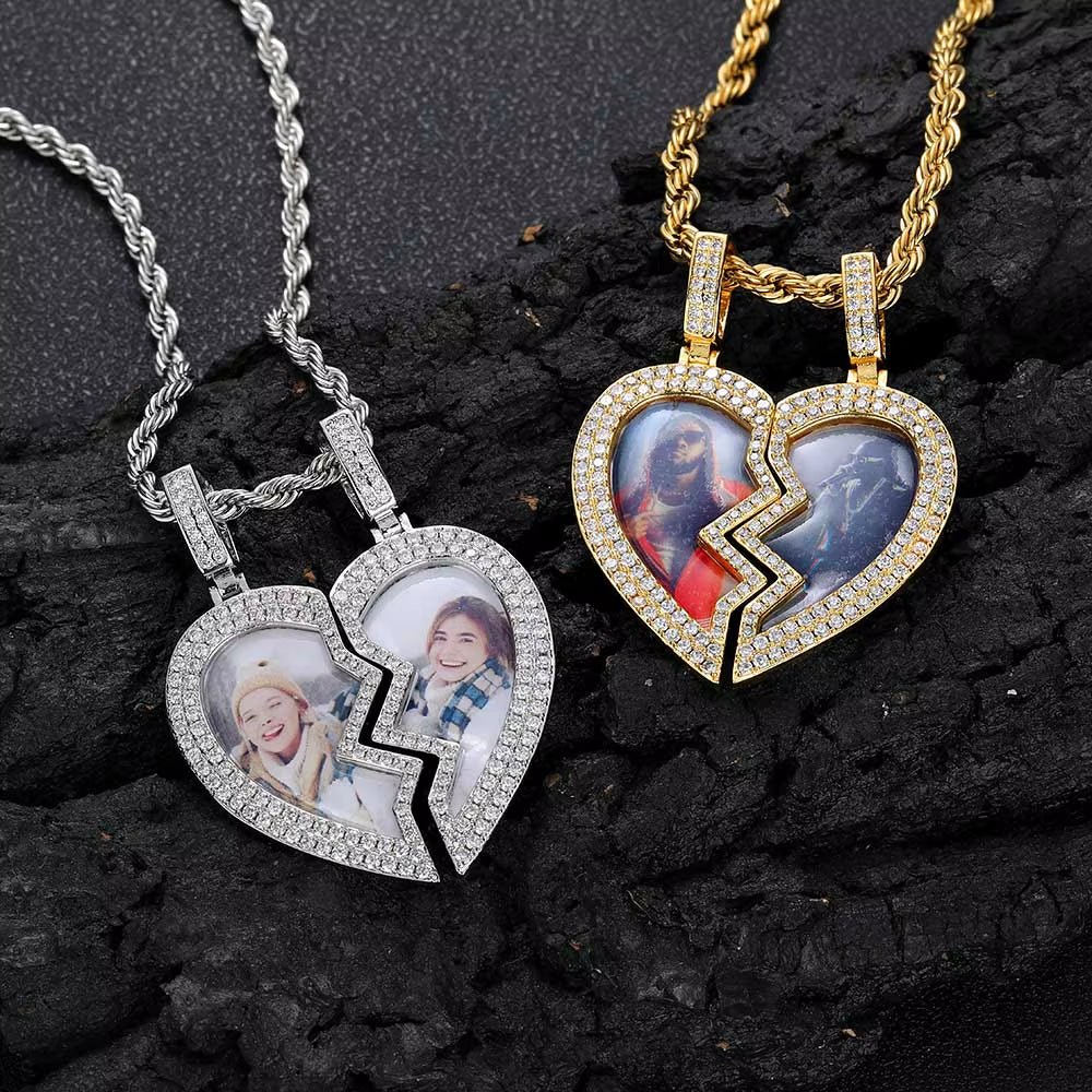 Hip Hop Fine Jewelry Iced Out Broken Heart Charm Photo Necklace White Gold Plated Custom Memory Photo Frame Pendant - MCROONS.COM