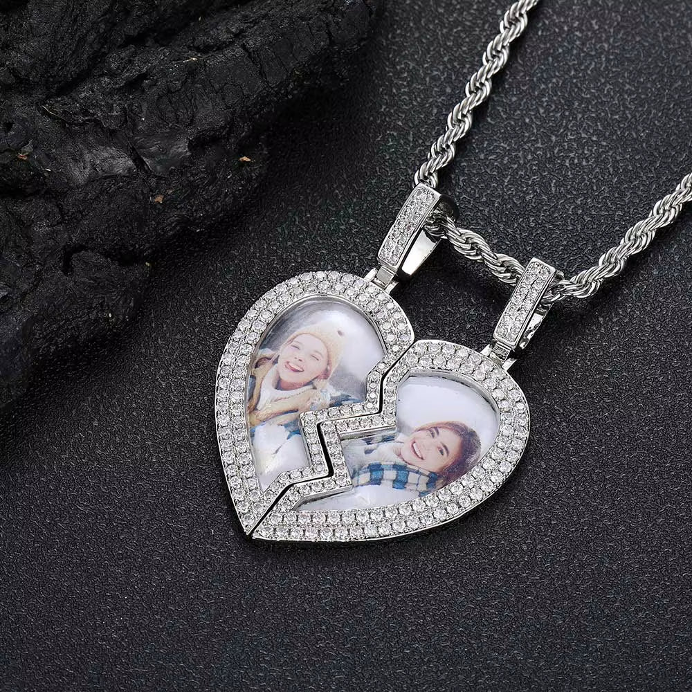 Hip Hop Fine Jewelry Iced Out Broken Heart Charm Photo Necklace White Gold Plated Custom Memory Photo Frame Pendant - MCROONS.COM