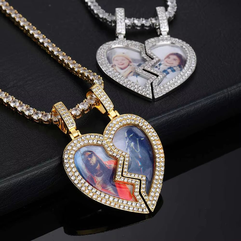 Hip Hop Fine Jewelry Iced Out Broken Heart Charm Photo Necklace White Gold Plated Custom Memory Photo Frame Pendant - MCROONS.COM