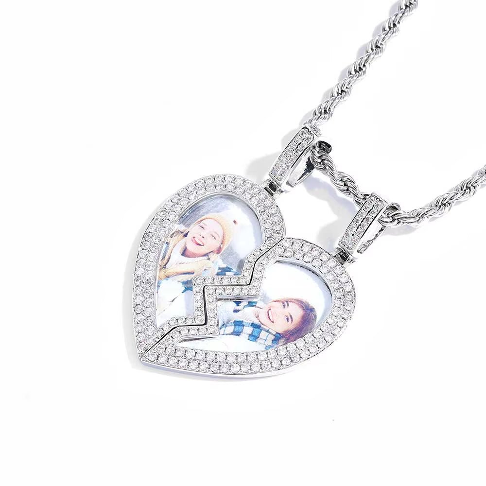 Hip Hop Fine Jewelry Iced Out Broken Heart Charm Photo Necklace White Gold Plated Custom Memory Photo Frame Pendant - MCROONS.COM