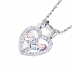 Hip Hop Fine Jewelry Iced Out Broken Heart Charm Photo Necklace White Gold Plated Custom Memory Photo Frame Pendant