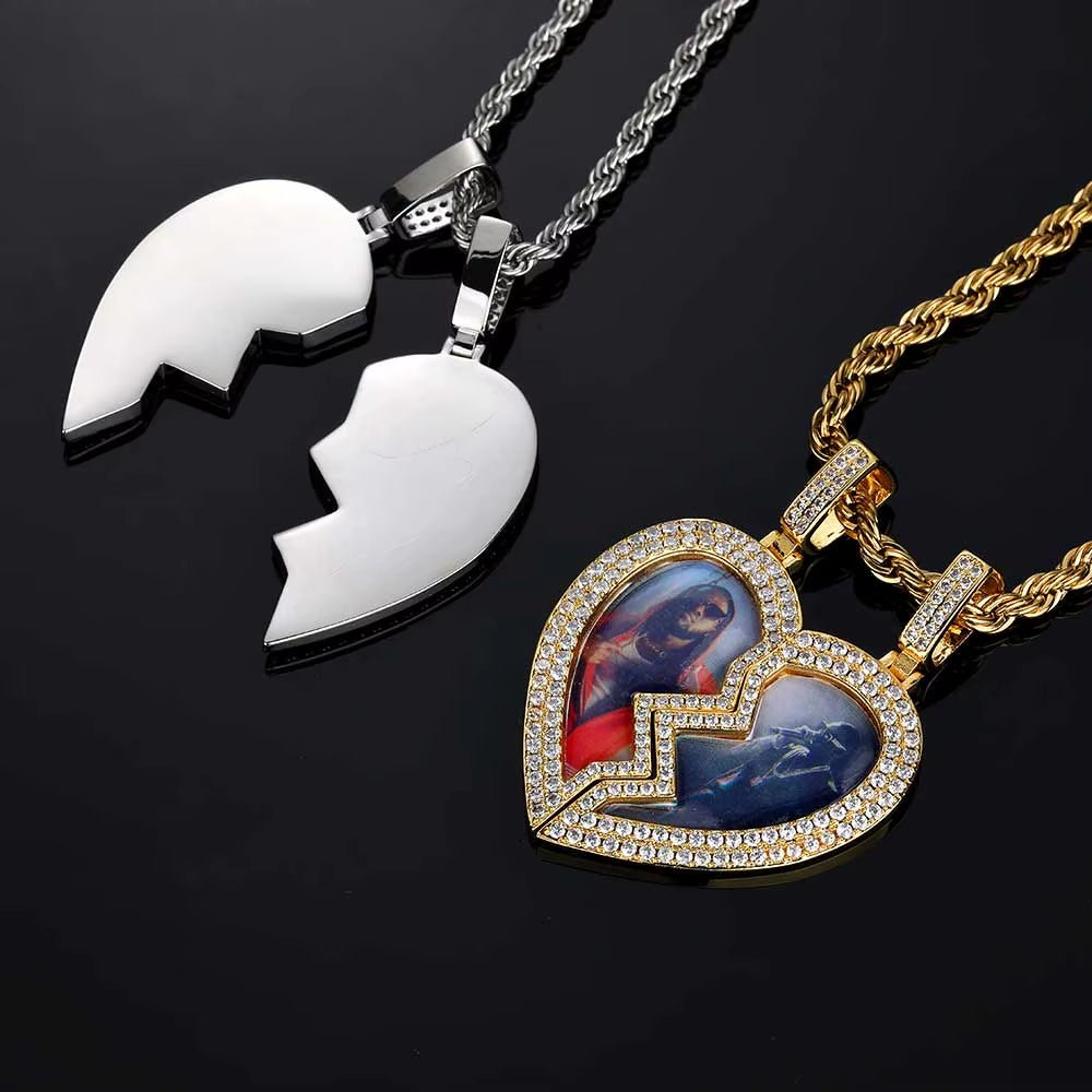 Hip Hop Fine Jewelry Iced Out Broken Heart Charm Photo Necklace White Gold Plated Custom Memory Photo Frame Pendant - MCROONS.COM