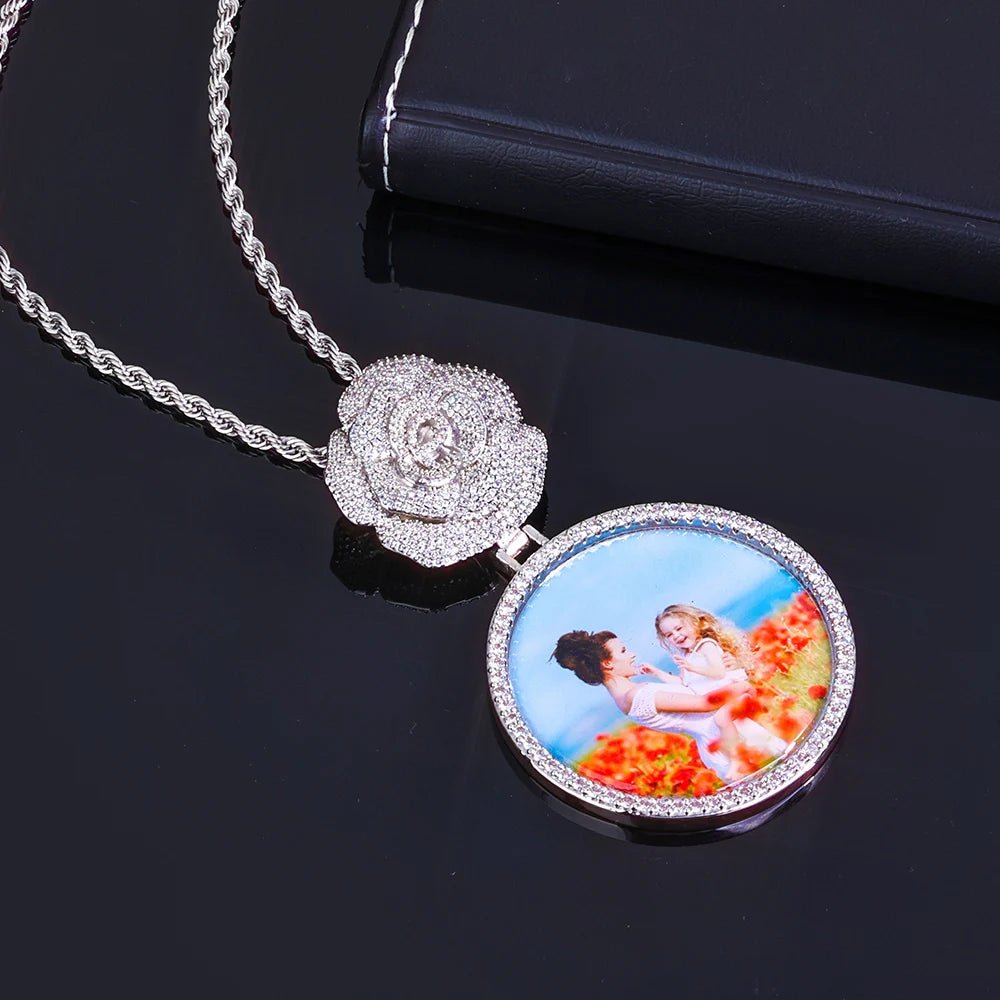 Hip Hop Iced Out Zircon Necklace Women Micro Inlaid Zircon Circle Memory Custom Picture Flower Shaped Buckle Pendants - MCROONS.COM