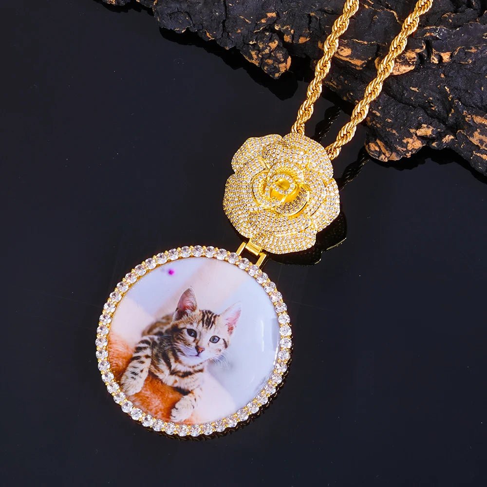 Hip Hop Iced Out Zircon Necklace Women Micro Inlaid Zircon Circle Memory Custom Picture Flower Shaped Buckle Pendants - MCROONS.COM