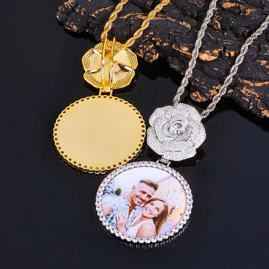 Hip Hop Iced Out Zircon Necklace Women Micro Inlaid Zircon Circle Memory Custom Picture Flower Shaped Buckle Pendants - MCROONS.COM