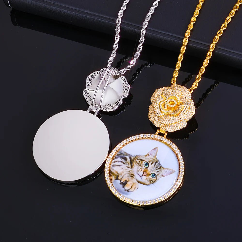 Hip Hop Iced Out Zircon Necklace Women Micro Inlaid Zircon Circle Memory Custom Picture Flower Shaped Buckle Pendants - MCROONS.COM