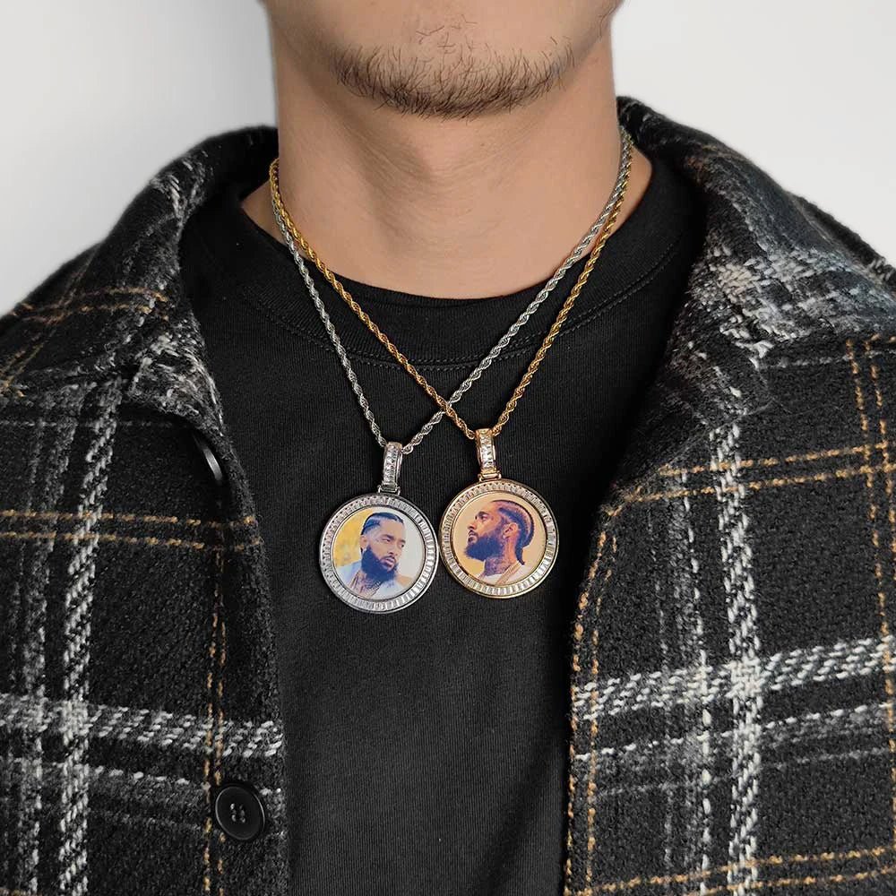Hip Hop Jewelry CZ Custom Free Rope Chain round Picture Pendant Custom Baguette Diamond Photo Pendants - MCROONS.COM