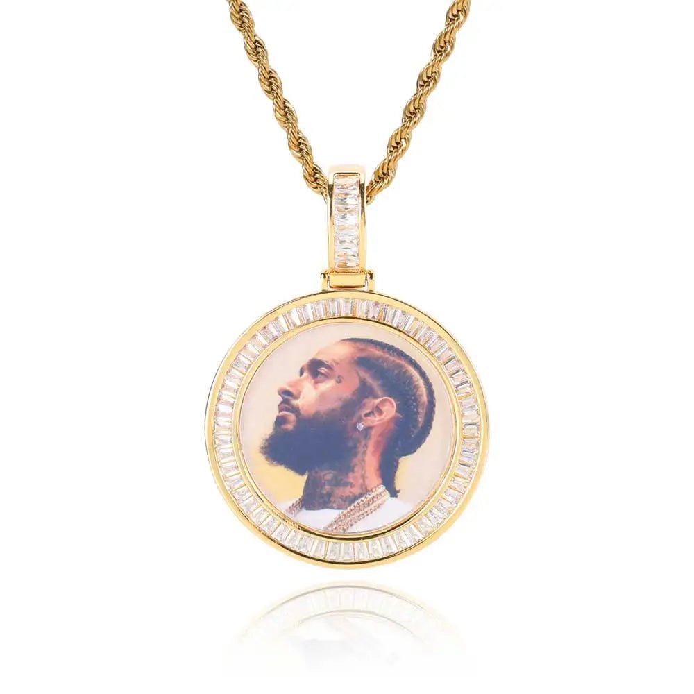 Hip Hop Jewelry CZ Custom Free Rope Chain round Picture Pendant Custom Baguette Diamond Photo Pendants - MCROONS.COM