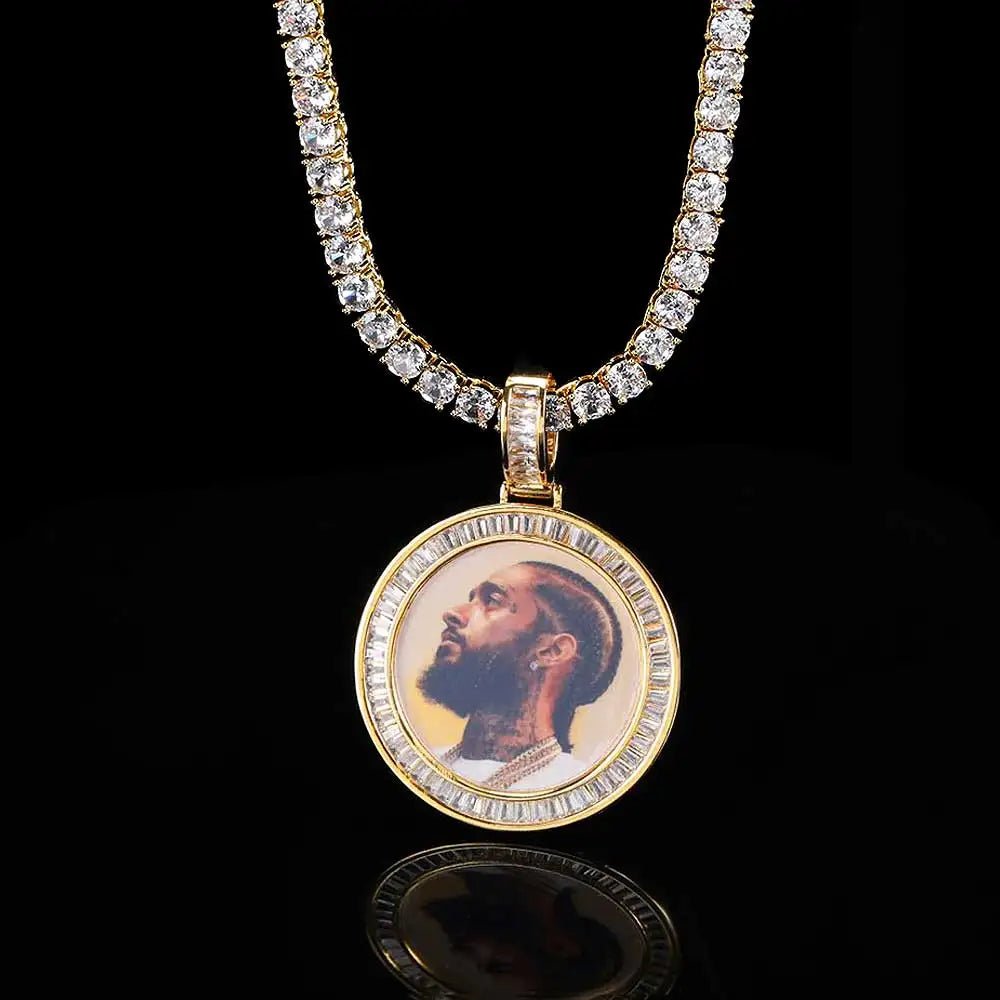 Hip Hop Jewelry CZ Custom Free Rope Chain round Picture Pendant Custom Baguette Diamond Photo Pendants - MCROONS.COM
