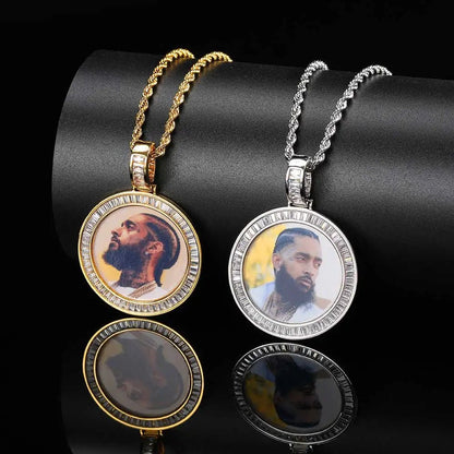 Hip Hop Jewelry CZ Custom Free Rope Chain round Picture Pendant Custom Baguette Diamond Photo Pendants - MCROONS.COM