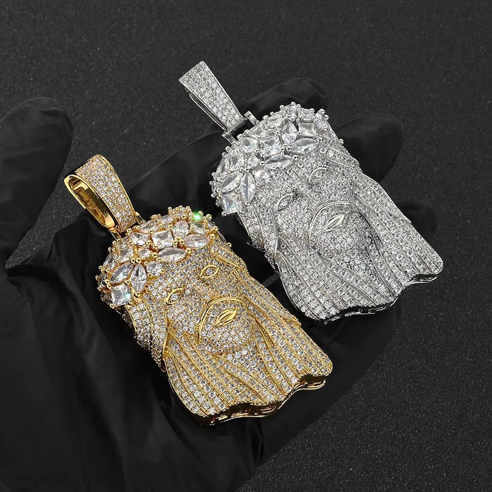 Hip Hop Jewelry Iced Out Diamond Charm Pendant Gold Silver Plated Claw Setting Zircon Wreath Jesus Head Pendant for Women - MCROONS.COM
