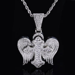 Hip Hop Jewelyr Iced Out Diamond Cross Pendant White Gold Full Pave Shiny Zircon Angel Wings Cross Pendant for Gift
