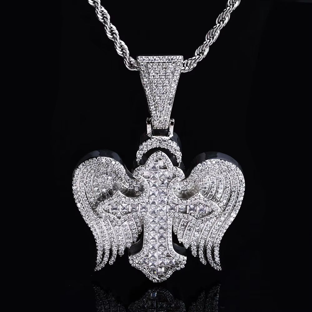 Hip Hop Jewelyr Iced Out Diamond Cross Pendant White Gold Full Pave Shiny Zircon Angel Wings Cross Pendant for Gift - MCROONS.COM
