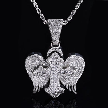 Hip Hop Jewelyr Iced Out Diamond Cross Pendant White Gold Full Pave Shiny Zircon Angel Wings Cross Pendant for Gift - MCROONS.COM