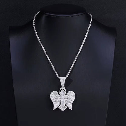 Hip Hop Jewelyr Iced Out Diamond Cross Pendant White Gold Full Pave Shiny Zircon Angel Wings Cross Pendant for Gift - MCROONS.COM