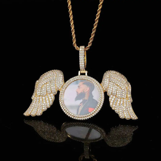 Hip Hop Memorial Custom Photo Pendant Gold Photo with Big Angel Wings Pendants Trays Picture Necklaces - MCROONS.COM