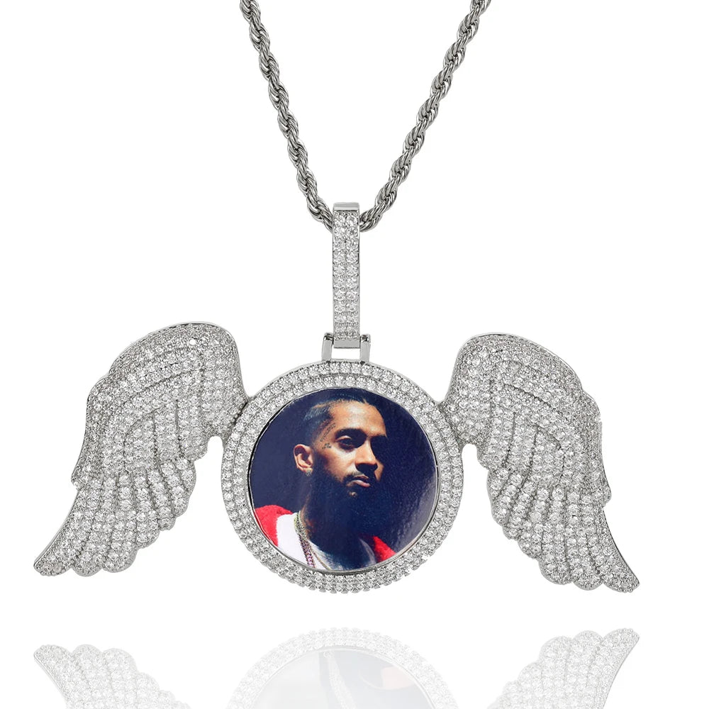Hip Hop Memorial Custom Photo Pendant Gold Photo with Big Angel Wings Pendants Trays Picture Necklaces - MCROONS.COM