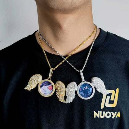 Hip Hop Memorial Custom Photo Pendant Gold Photo with Big Angel Wings Pendants Trays Picture Necklaces - MCROONS.COM