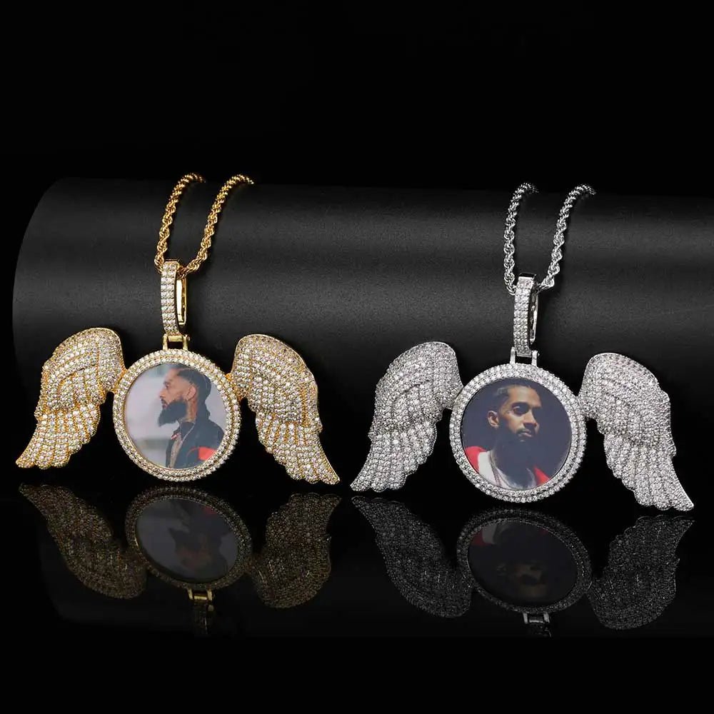 Hip Hop Memorial Custom Photo Pendant Gold Photo with Big Angel Wings Pendants Trays Picture Necklaces - MCROONS.COM