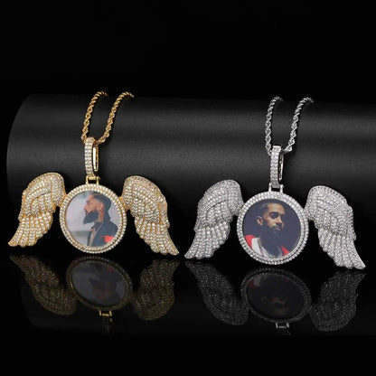Hip Hop Memorial Custom Photo Pendant Gold Photo with Big Angel Wings Pendants Trays Picture Necklaces - MCROONS.COM