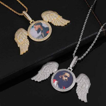 Hip Hop Memorial Custom Photo Pendant Gold Photo with Big Angel Wings Pendants Trays Picture Necklaces - MCROONS.COM