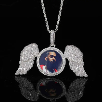 Hip Hop Memorial Custom Photo Pendant Gold Photo with Big Angel Wings Pendants Trays Picture Necklaces - MCROONS.COM