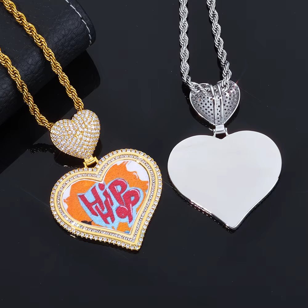Hot Sale Heart Hook Picture Memory Medallions Pendants Hiphop Bling Cubic Zircon Heart Photo Pendant Jewelry - MCROONS.COM