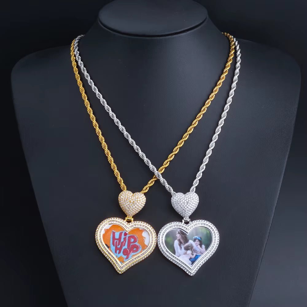 Hot Sale Heart Hook Picture Memory Medallions Pendants Hiphop Bling Cubic Zircon Heart Photo Pendant Jewelry - MCROONS.COM