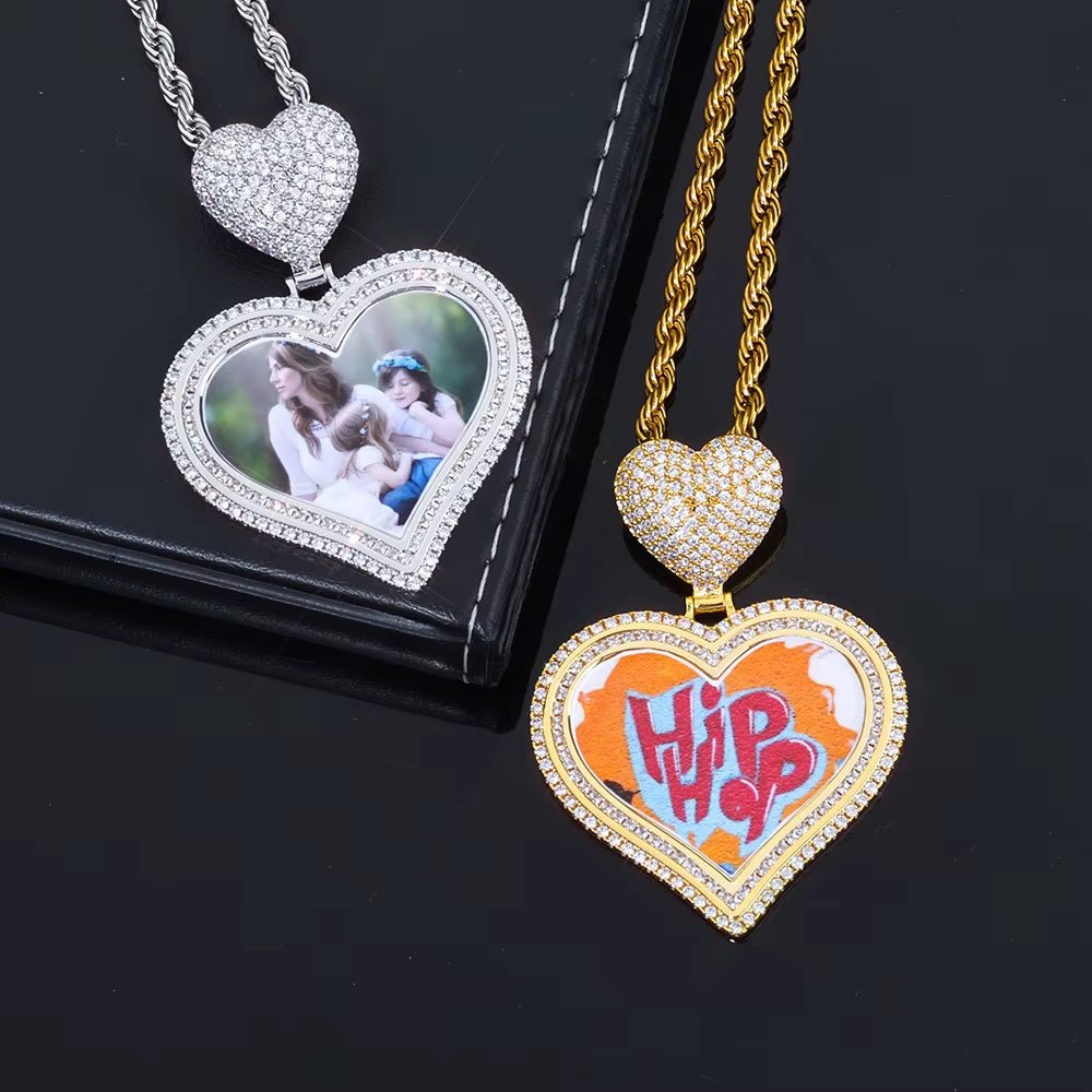Hot Sale Heart Hook Picture Memory Medallions Pendants Hiphop Bling Cubic Zircon Heart Photo Pendant Jewelry - MCROONS.COM