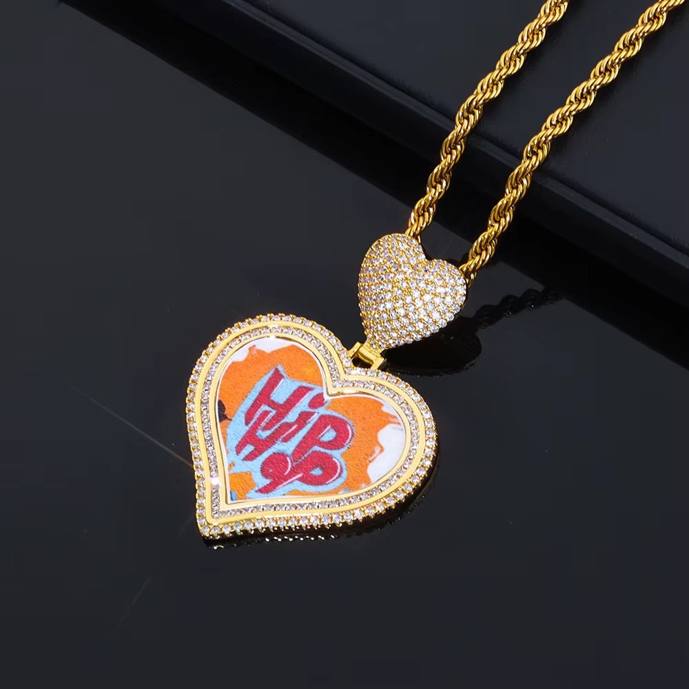 Hot Sale Heart Hook Picture Memory Medallions Pendants Hiphop Bling Cubic Zircon Heart Photo Pendant Jewelry - MCROONS.COM
