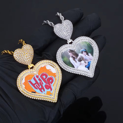 Hot Sale Heart Hook Picture Memory Medallions Pendants Hiphop Bling Cubic Zircon Heart Photo Pendant Jewelry - MCROONS.COM