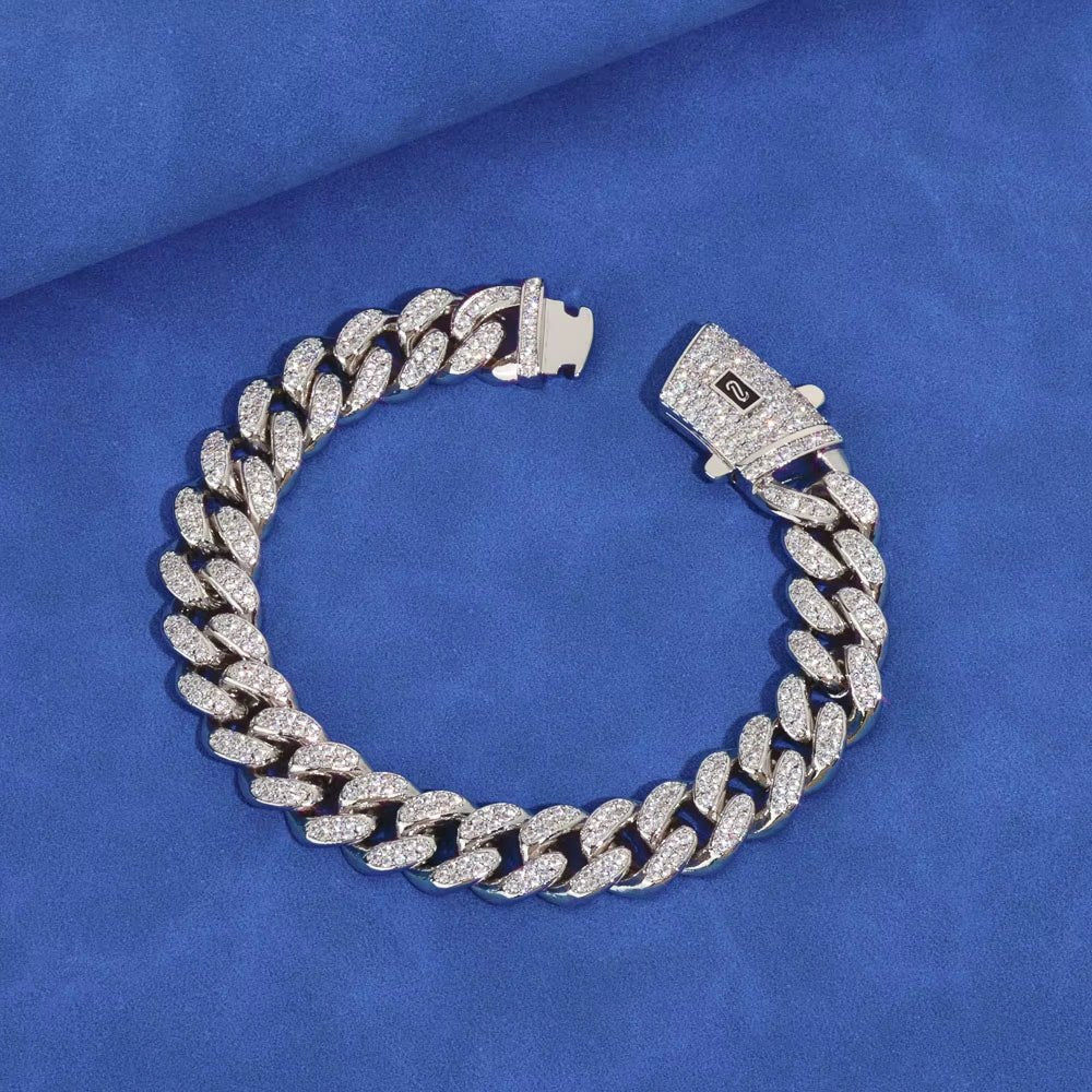 Iced Out 925 Silver Bracelet 12Mm Width VVS Moissanite Cuban Link Chain Mens Bling Hip Hop Luxury Jewelry - MCROONS.COM