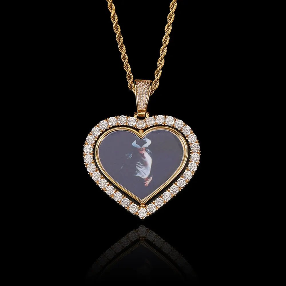 Iced Out Diamond Memory Photo Pendant Hip Hop Jewelry Custom Rotating Heart Photo Pendant Picture Necklace - MCROONS.COM
