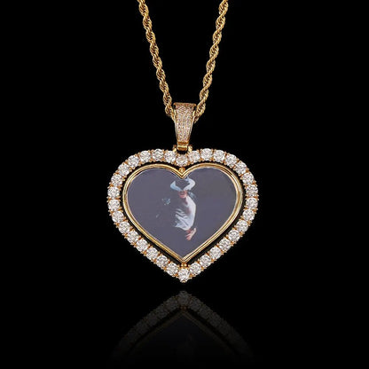 Iced Out Diamond Memory Photo Pendant Hip Hop Jewelry Custom Rotating Heart Photo Pendant Picture Necklace - MCROONS.COM