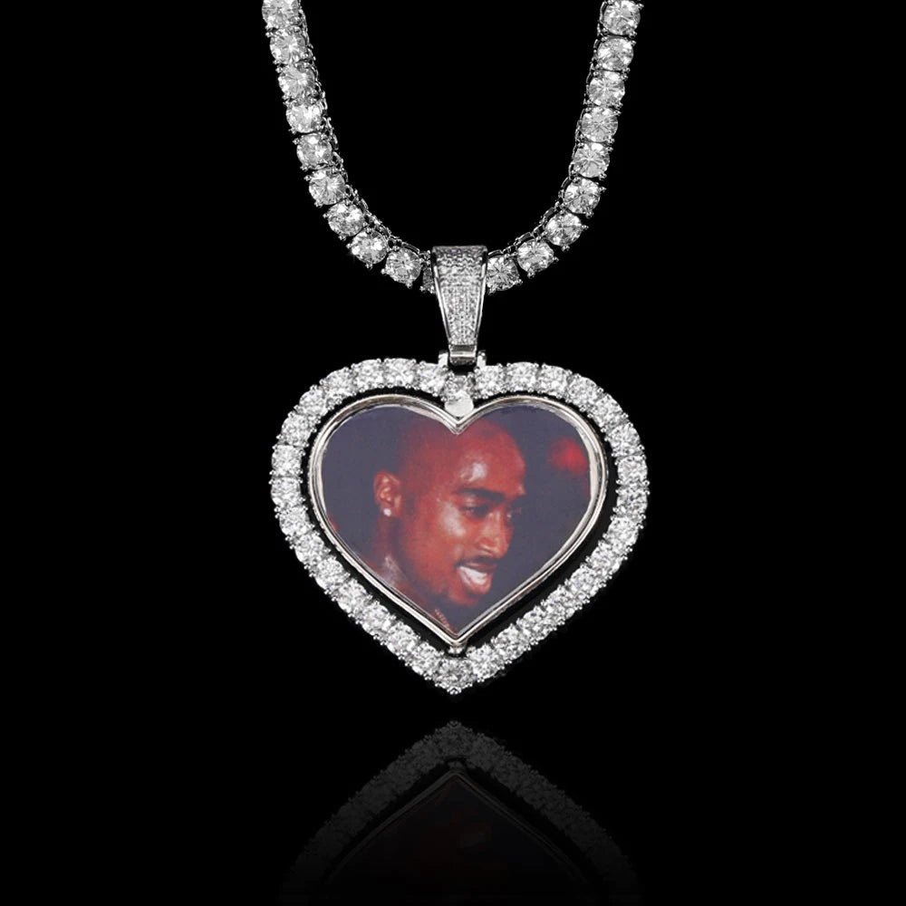 Iced Out Diamond Memory Photo Pendant Hip Hop Jewelry Custom Rotating Heart Photo Pendant Picture Necklace - MCROONS.COM