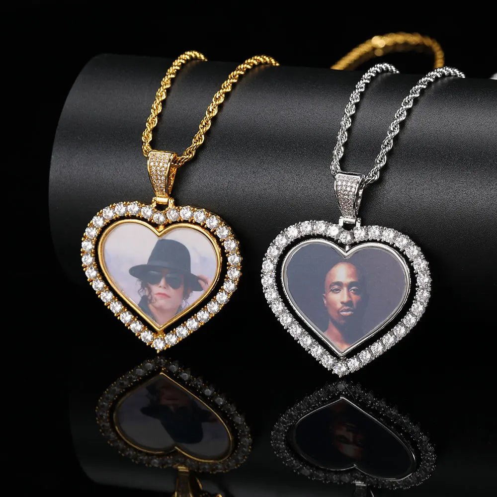 Iced Out Diamond Memory Photo Pendant Hip Hop Jewelry Custom Rotating Heart Photo Pendant Picture Necklace - MCROONS.COM