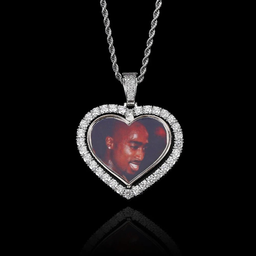 Iced Out Diamond Memory Photo Pendant Hip Hop Jewelry Custom Rotating Heart Photo Pendant Picture Necklace - MCROONS.COM