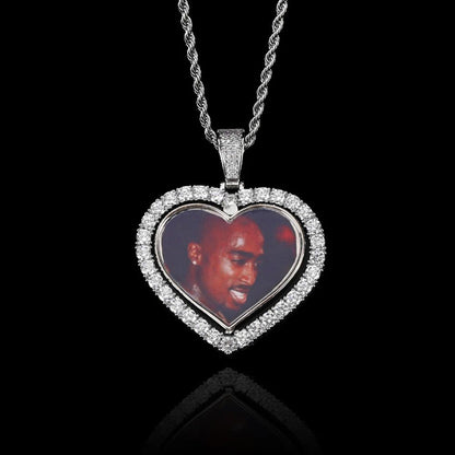 Iced Out Diamond Memory Photo Pendant Hip Hop Jewelry Custom Rotating Heart Photo Pendant Picture Necklace - MCROONS.COM
