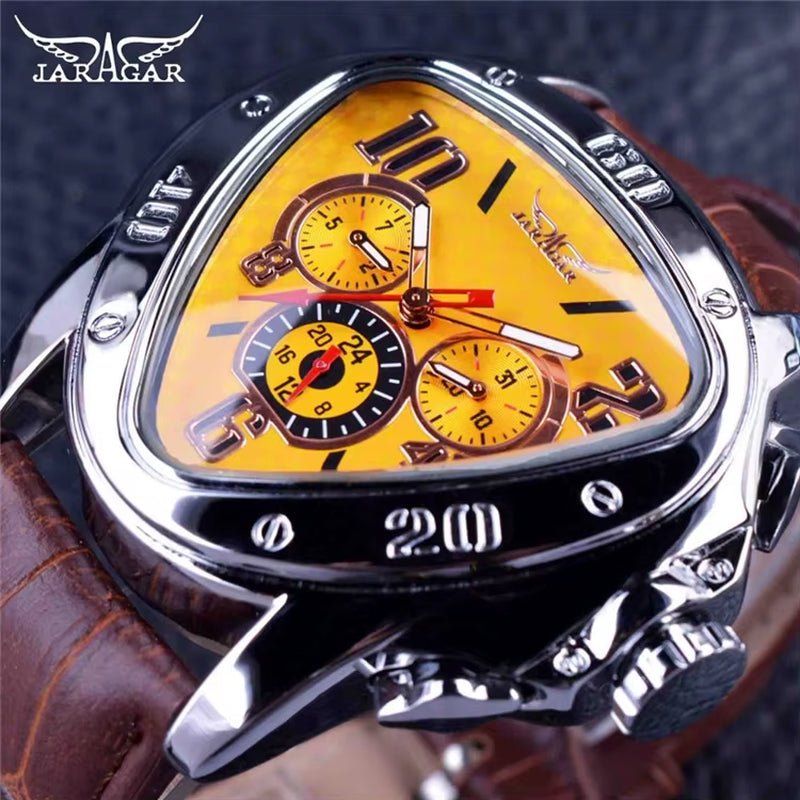 JARAGAR GMT951 Sport Racing Design Geometric Triangle Pilot Genuine Leather Men Mechanical Watch Luxury Automatic Wristwatches - MCROONS.COM