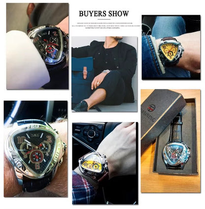 JARAGAR GMT951 Sport Racing Design Geometric Triangle Pilot Genuine Leather Men Mechanical Watch Luxury Automatic Wristwatches - MCROONS.COM