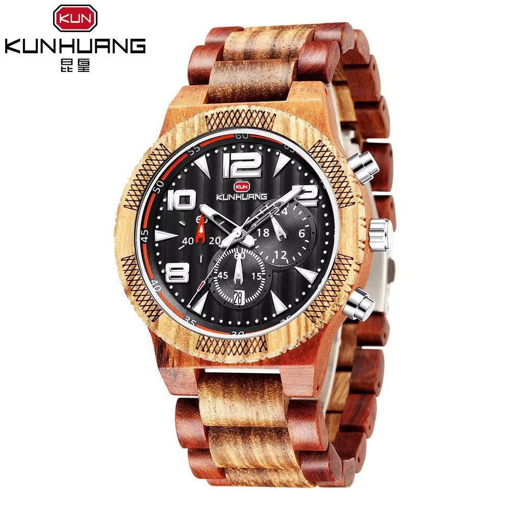 KH1016 Blue Multi Functional 44MM Three Eyes Six Needle Wooden Versatile Men Quartz Sports Watch Exquisite Texture - MCROONS.COM